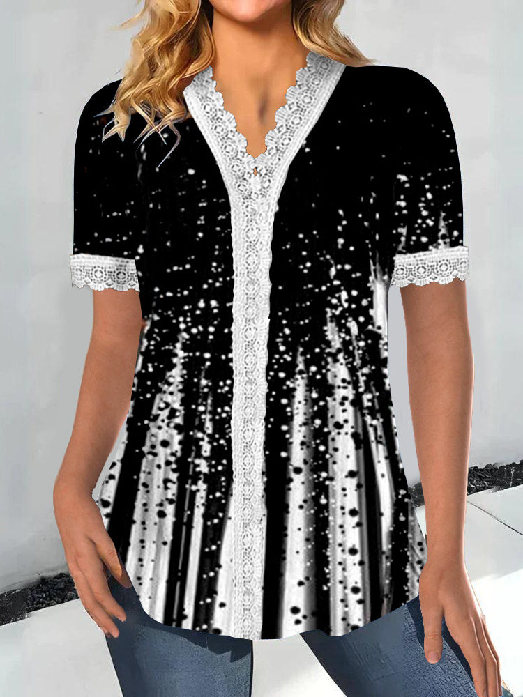 Women Short Sleeve V-neck Floral Printed Graphic Lace Tops