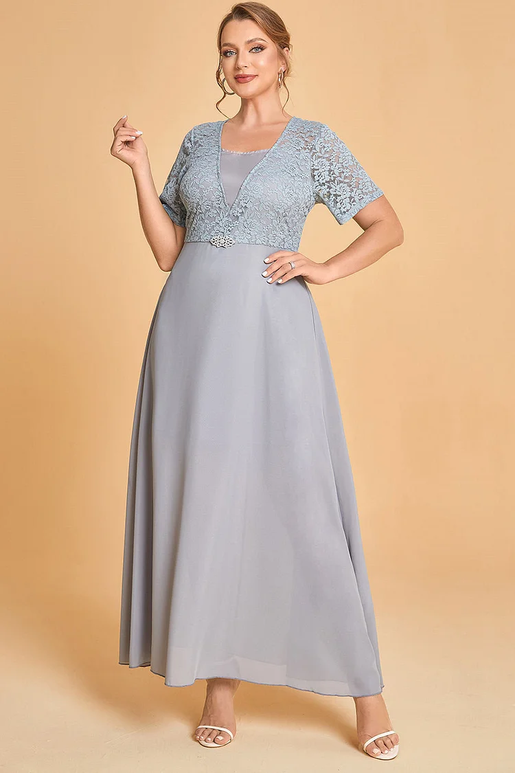 Flycurvy Plus Size Mother Of The Bride Steel Grey Chiffon Lace Waist Decorated V Neck 2 in 1 Maxi Dress  Flycurvy [product_label]