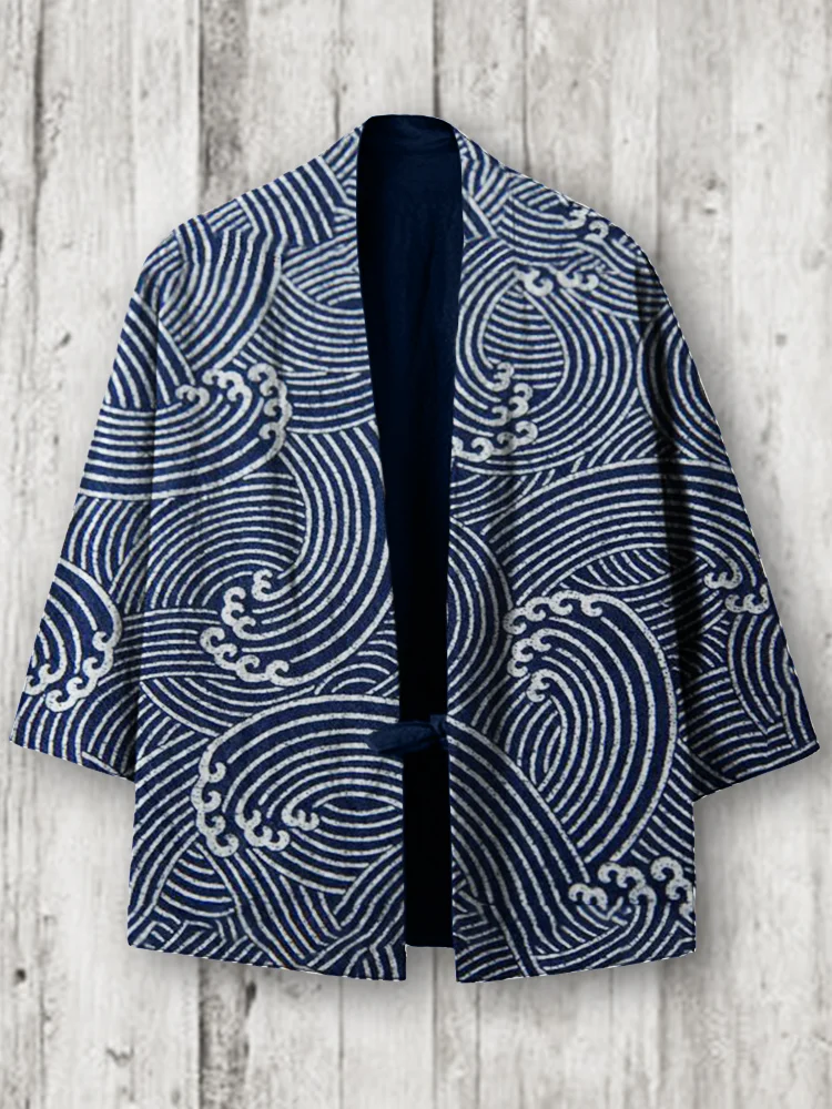 Sea Waves Japanese Lino Pattern Linen Blend Kimono Cardigan