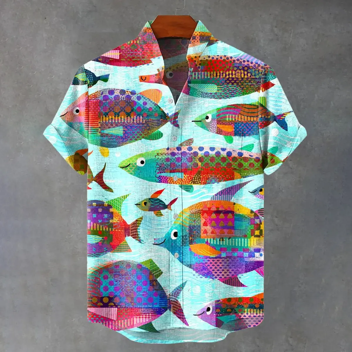 Men's Retro Colorful Geometric Fish Print Casual Linen Blend Short-sleeve Shirt  artssus