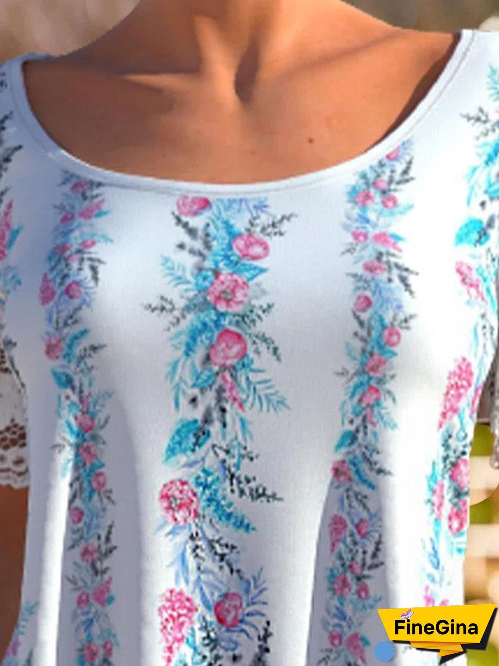 Women Short Sleeve U-neck Floral Printed Lace Tops