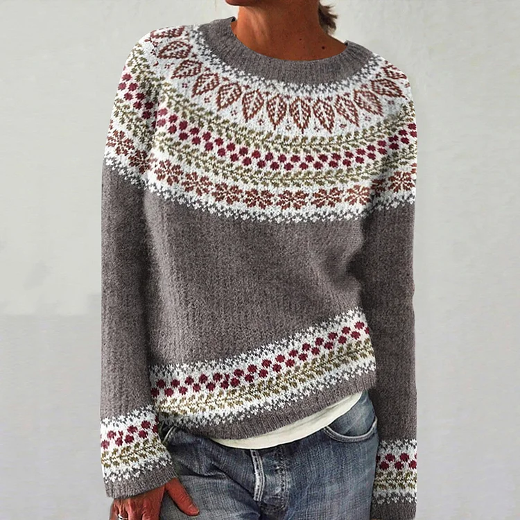 Utbros Women's Fairman Island Floral Design Jacquard Sweater