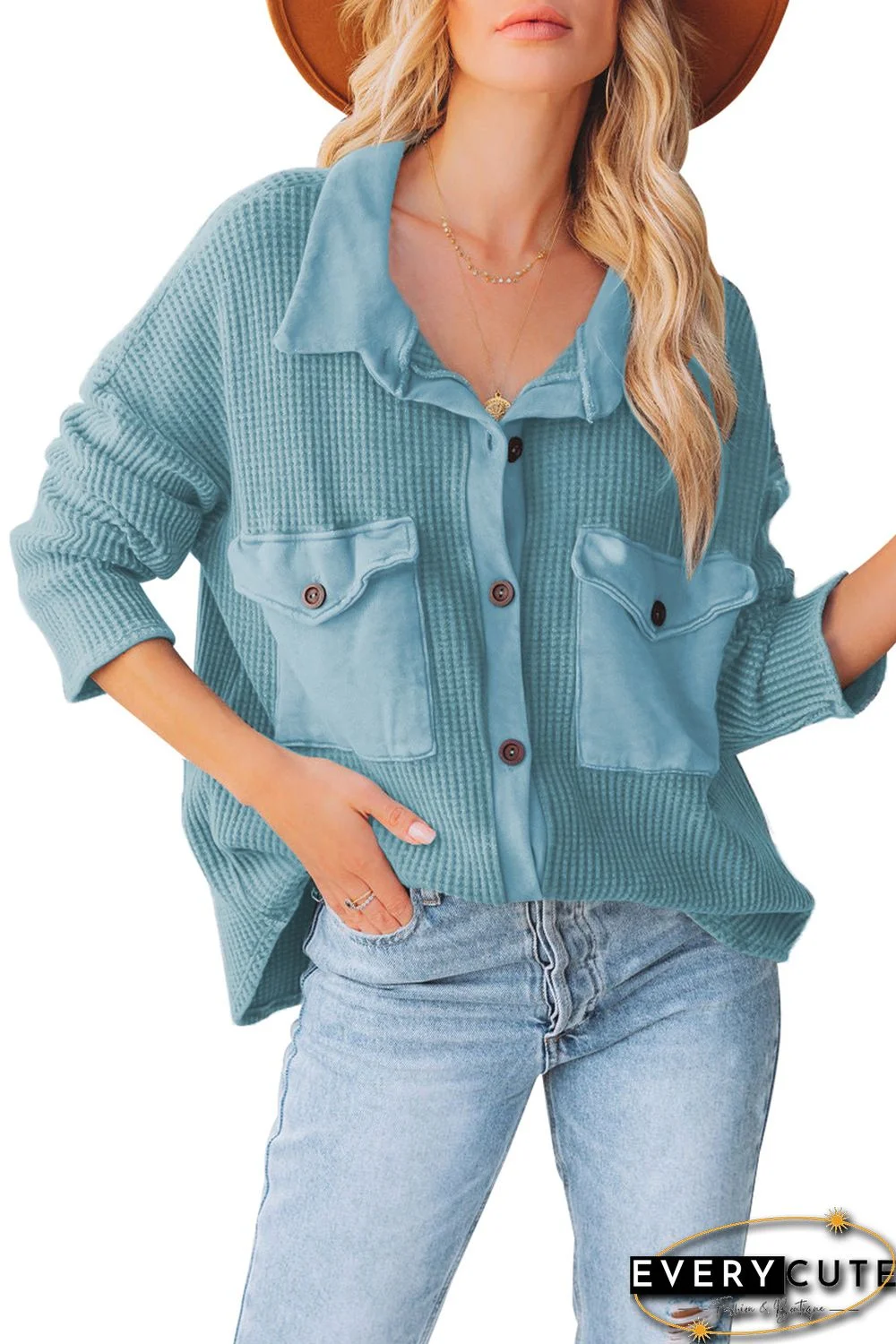 Sky Blue Chest Flap Pockets Waffle Knit Shacket