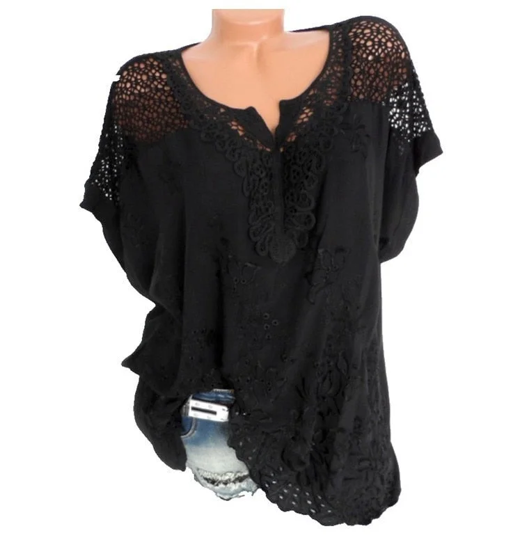 Large Size Loose Short-Sleeved Lace Women Blouses Cotton Blouses Summer Shirt Tops Sexy Fashion Women Shirt