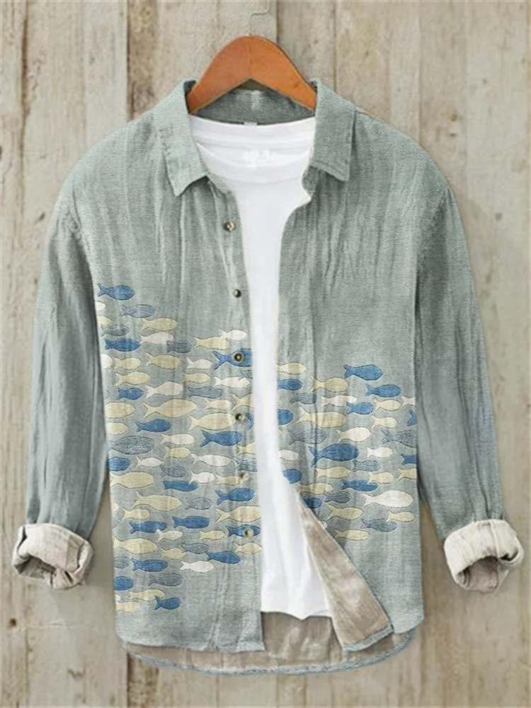 Ocean Fish Print Linen Long Sleeve Shirt