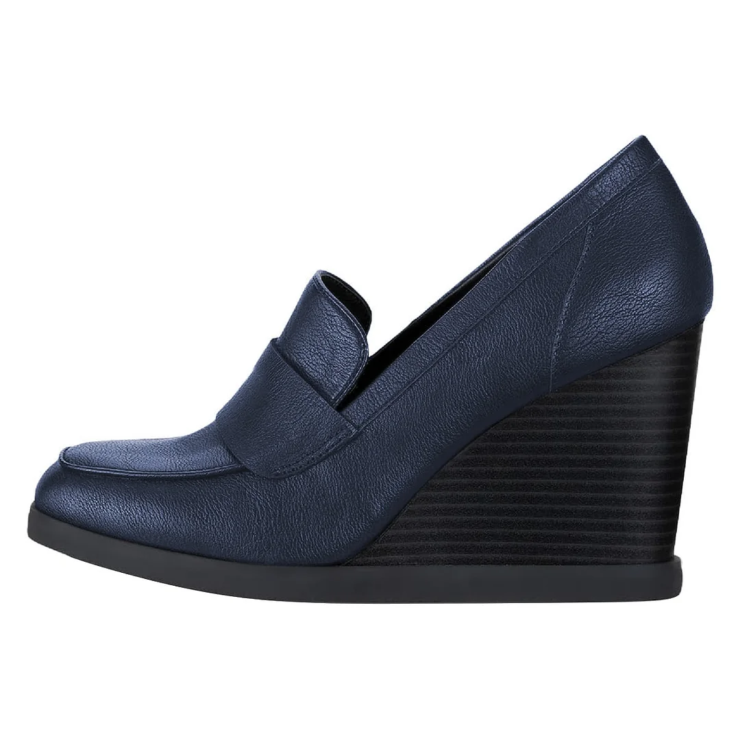 Elegant Navy Round Toe Wedge High Heel Platform Loafers Women