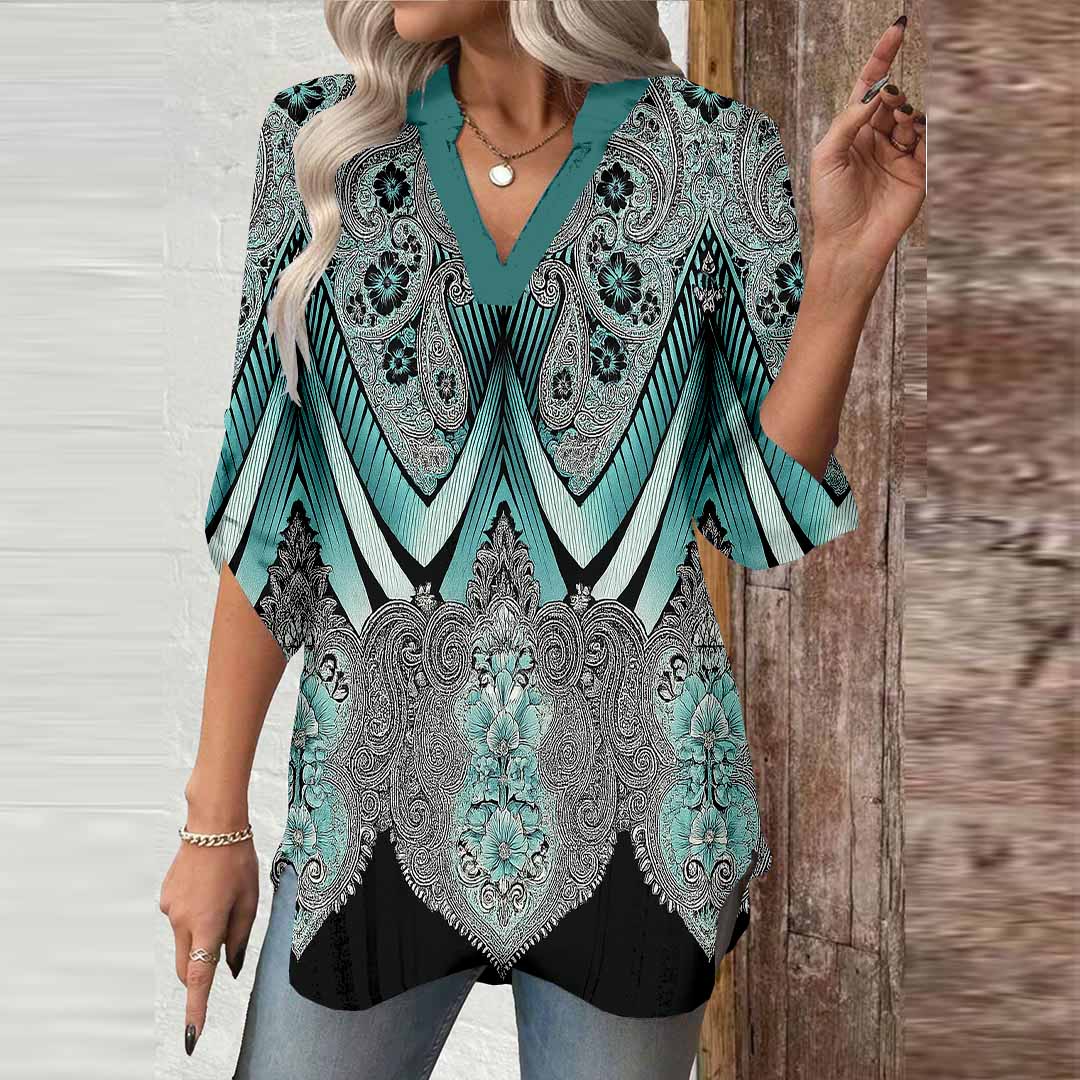 Women Retro,  Green,  Black DZGA0423 3/4 Sleeve V-neck Printed Graphic Button Tops
