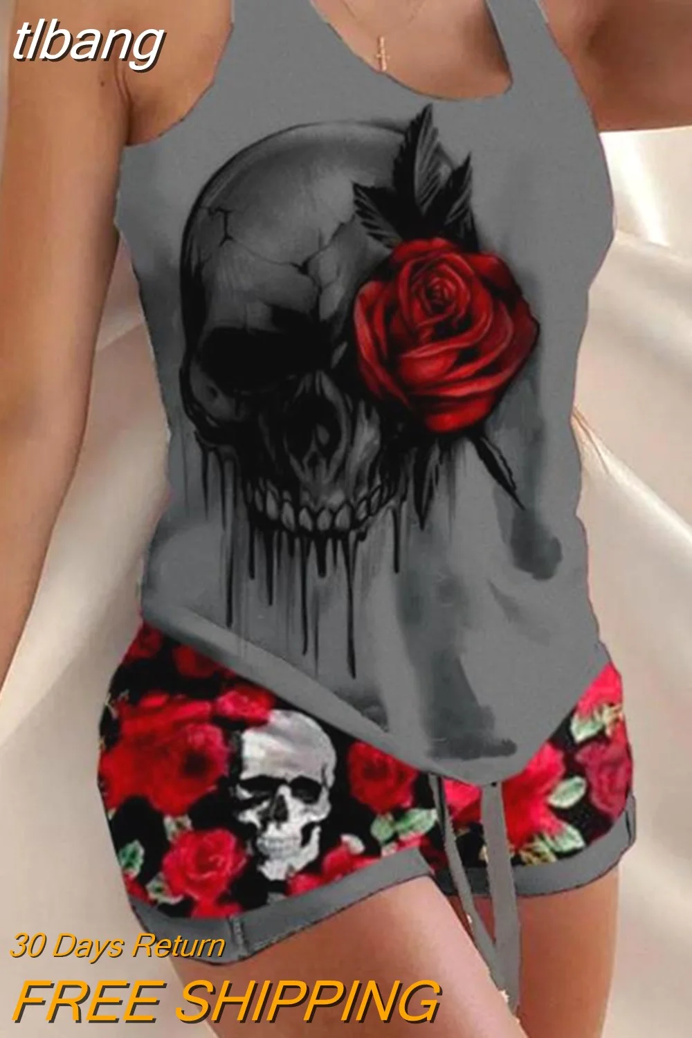 tlbang Skull Rose Print Drawstring Pajamas Set 2023 summer women's two piece sets female suit