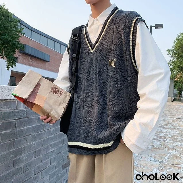 Sweater Vest Men Letter Printed BF V-neck 2XL Oversize Mens Vests Preppy Style Chic Daily Streetwear Leisure Retro Knitted New