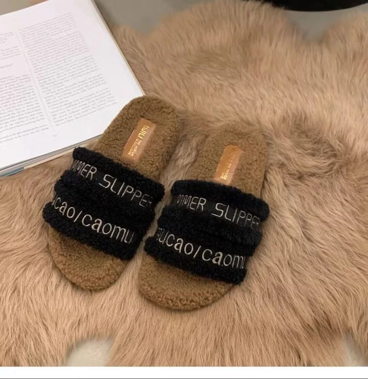 Tanguoant Tanguoant Autumn / Winter New Fashion Letter One Word Outside Wear Plush Slippers Wool Slippers Women's Shoes
