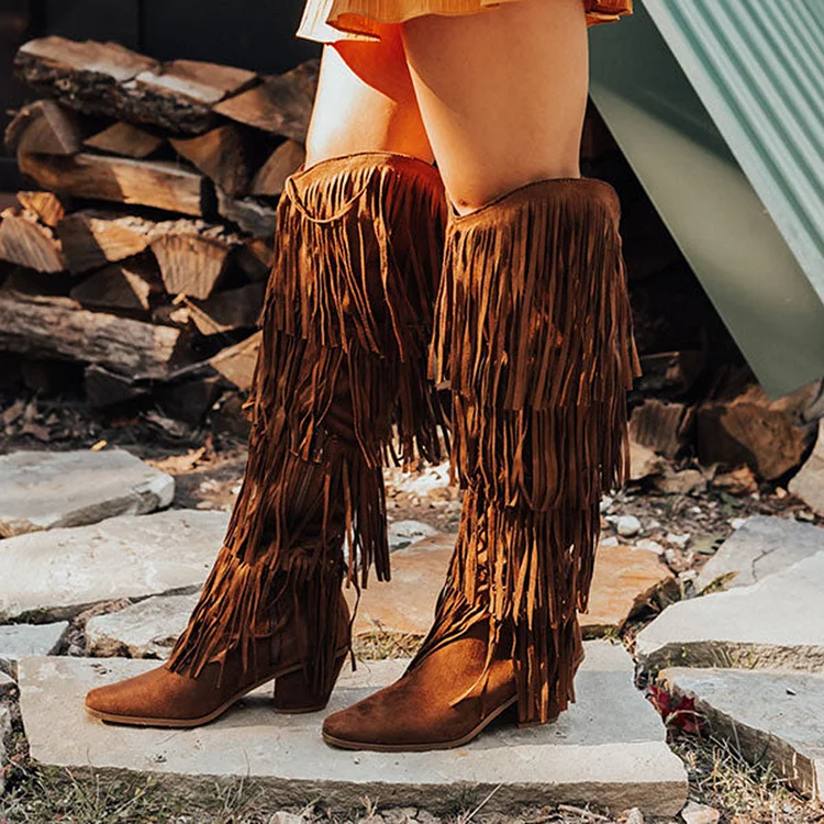 Vintage Brown Vegan Suede Fringe Knee High Cowgirl Boots with Pointed Toe and Block Heels |FSJ Shoes