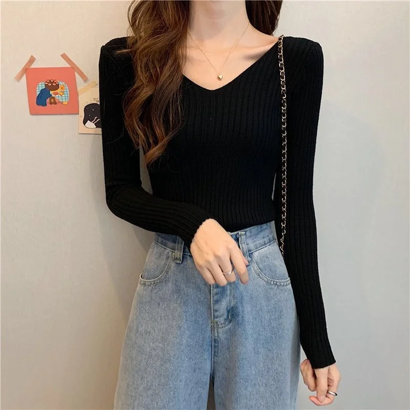 Uveng Uveng Knitted Shirt 2025 Autumn New Bottoming Shirt Slim Slim Solid Color Sweater Long Sleeves With A Short Top