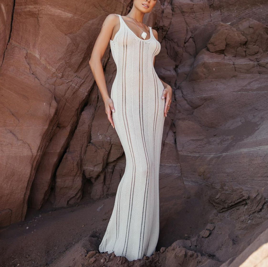 Ootddress Backless Sexy Wrap Hip Knit Cover Up Dresses Hollow See Through Slim Sleeveless Solid Female Elegant Maxi Beach Dress 2025