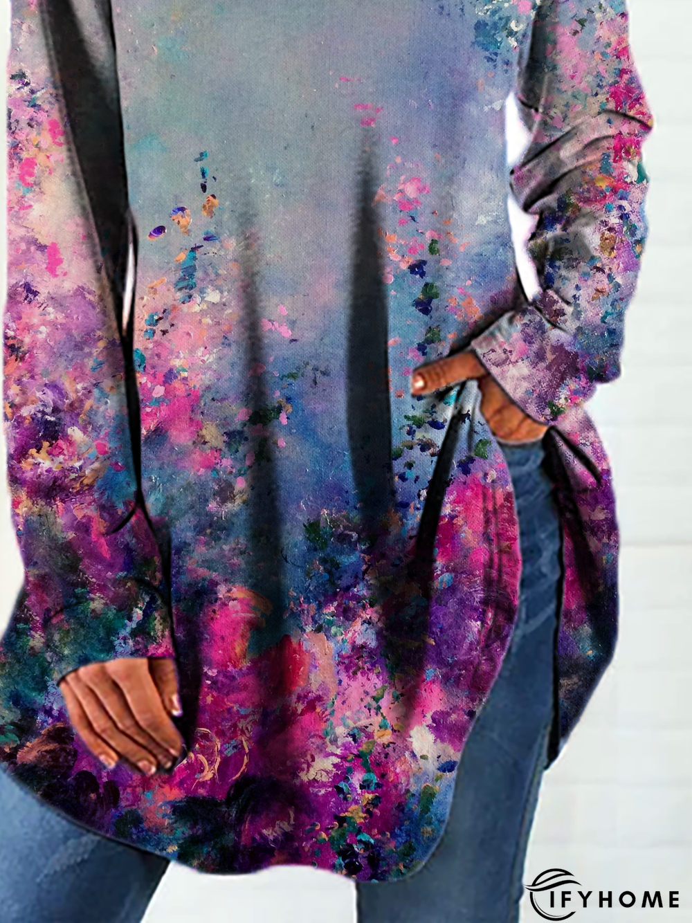 V Neck Floral Long Sleeve Tunic T-Shirt | IFYHOME