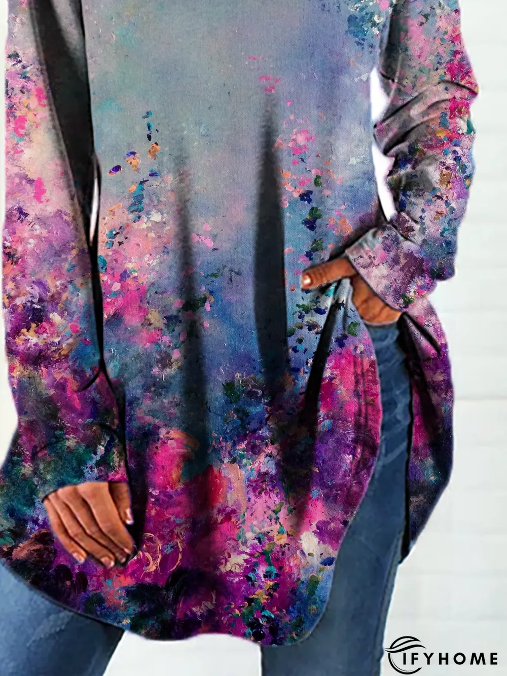 V Neck Floral Long Sleeve Tunic T-Shirt | IFYHOME