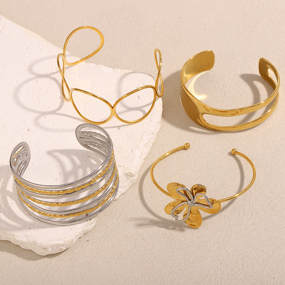 Ins Style Stainless Steel 18K Gold Plated Asymmetrical Line Circle Flower Double Layer Bracelet For Women
