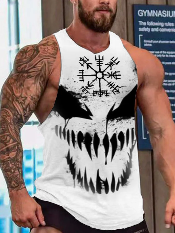 Wearshes Men's Viking Skull Black And White Contrast Color Tank Top
