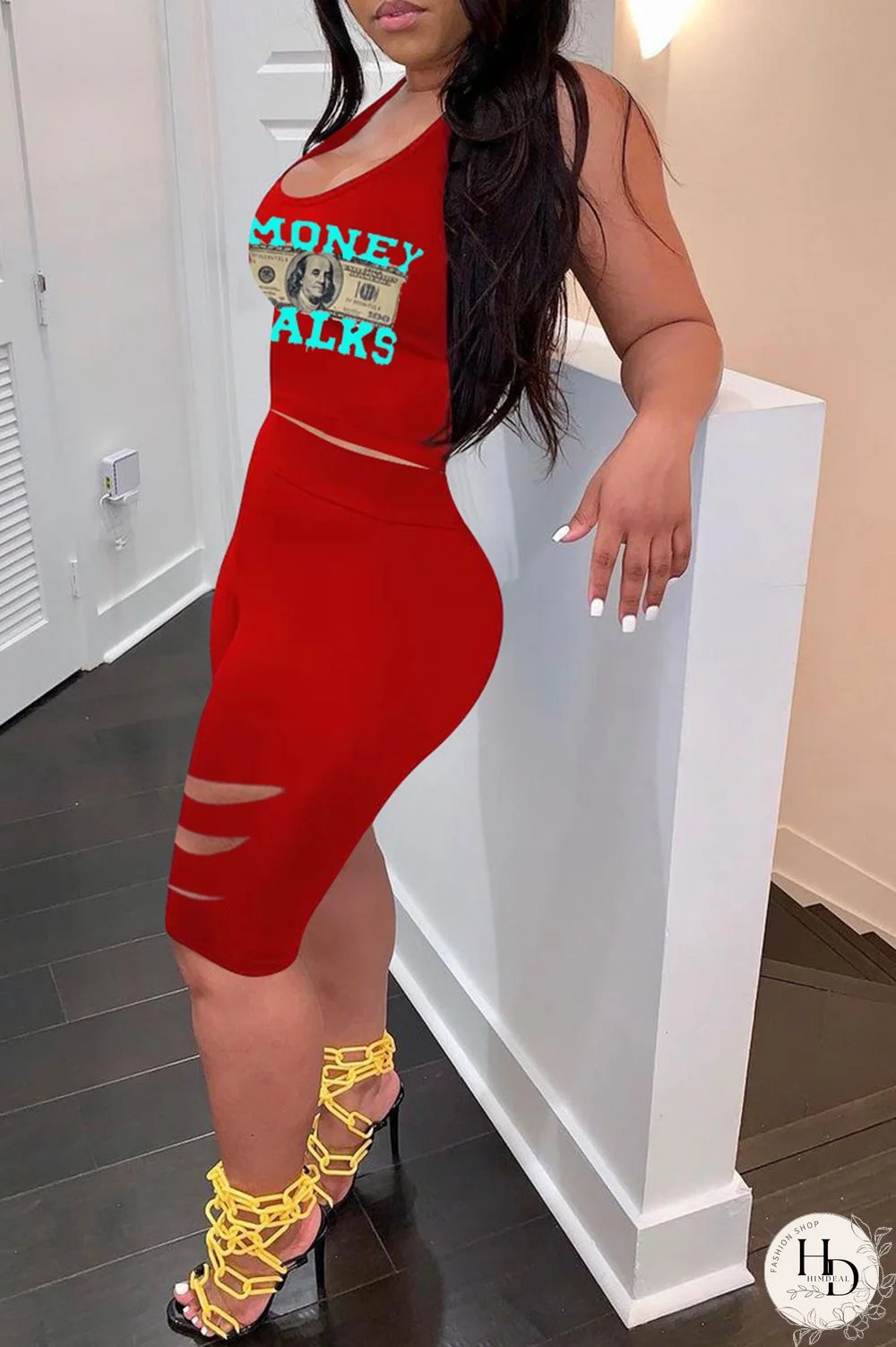 Black Casual Print Ripped U Neck Sleeveless Two Pieces