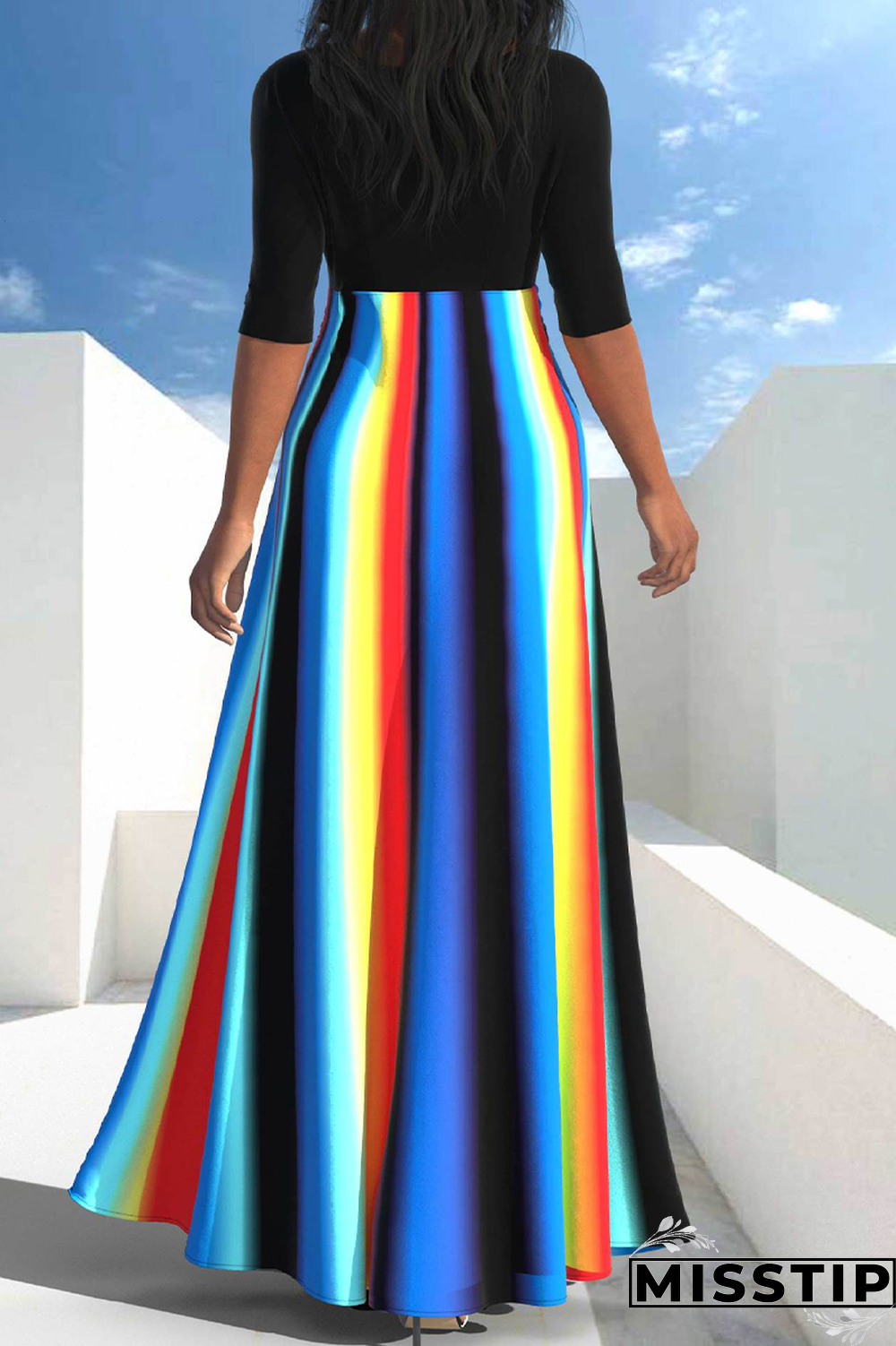 Blue Black Casual Patchwork Tie-dye O Neck Dresses