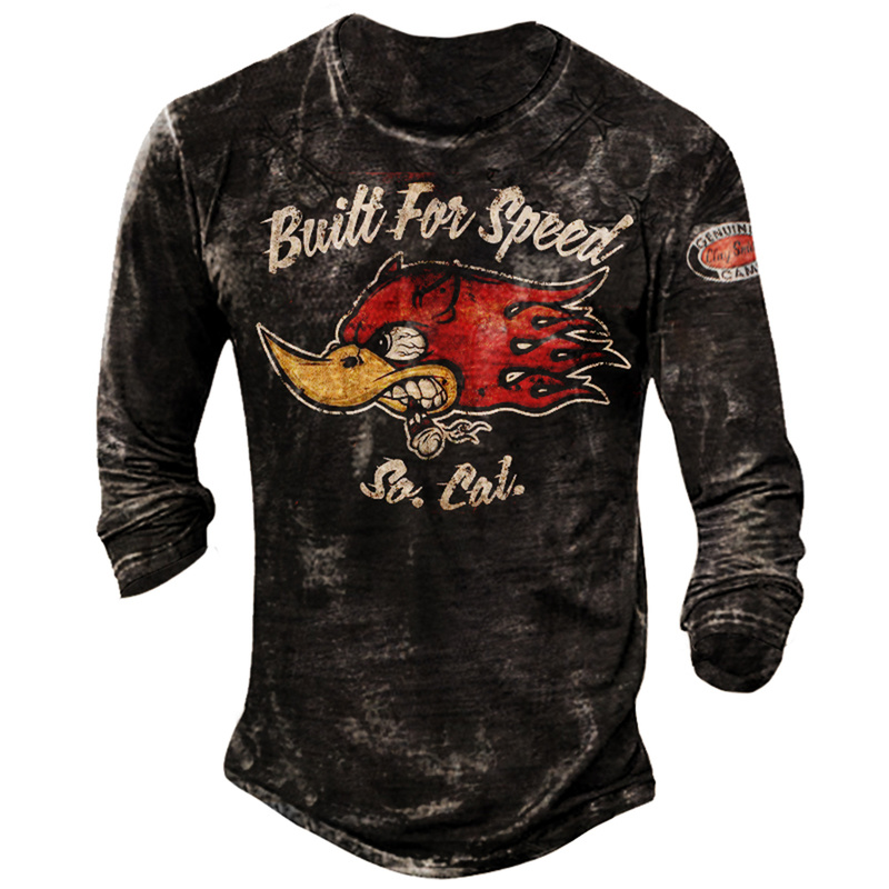 Mens Round Neck Long Sleeve Print Casual Slim T-shirt