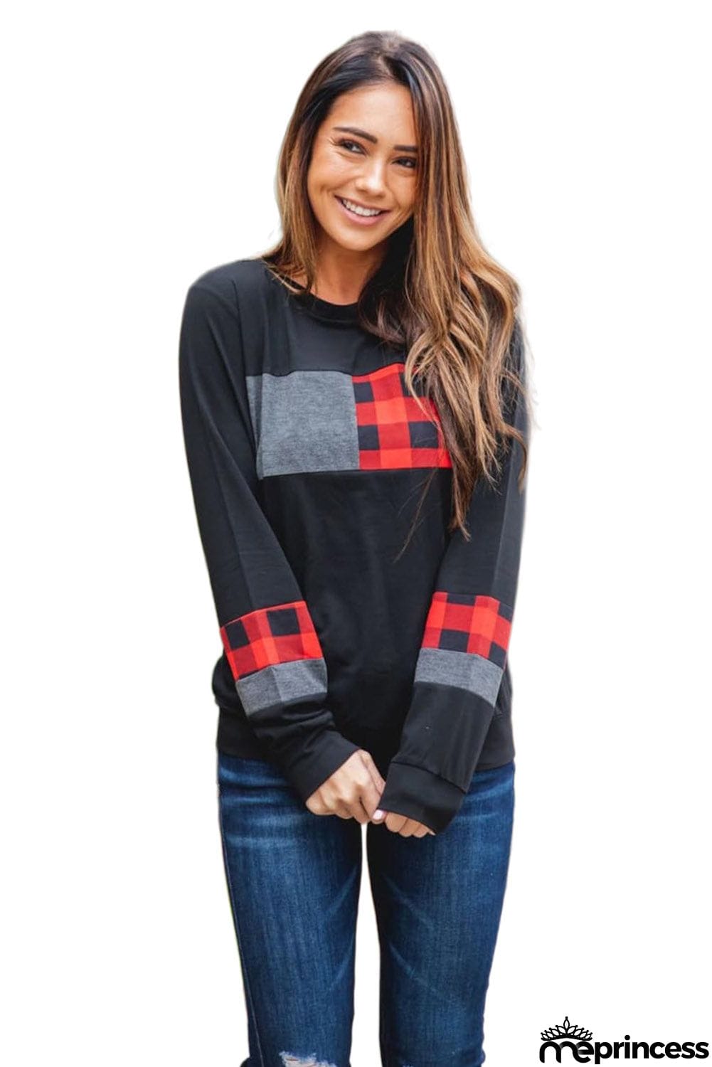 Plaid Splicing Color Block Long Sleeve Top