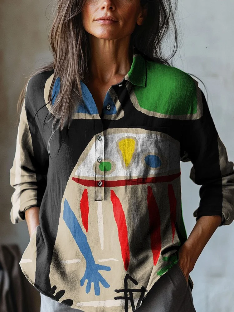 Women's Abstract Black Art Print Casual Cotton And Linen Shirt