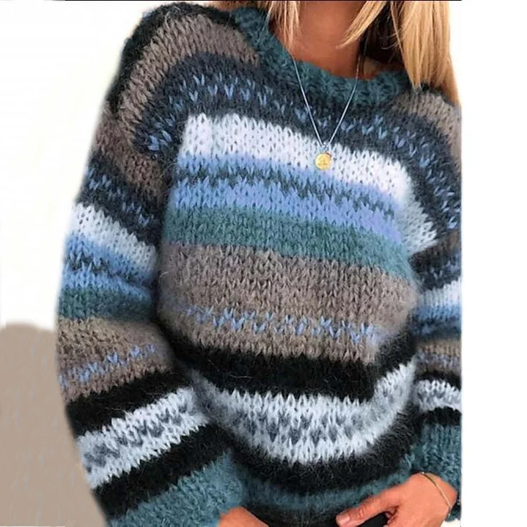 Vefave Vintage Rainbow Jacquard Long Sleeve Sweater