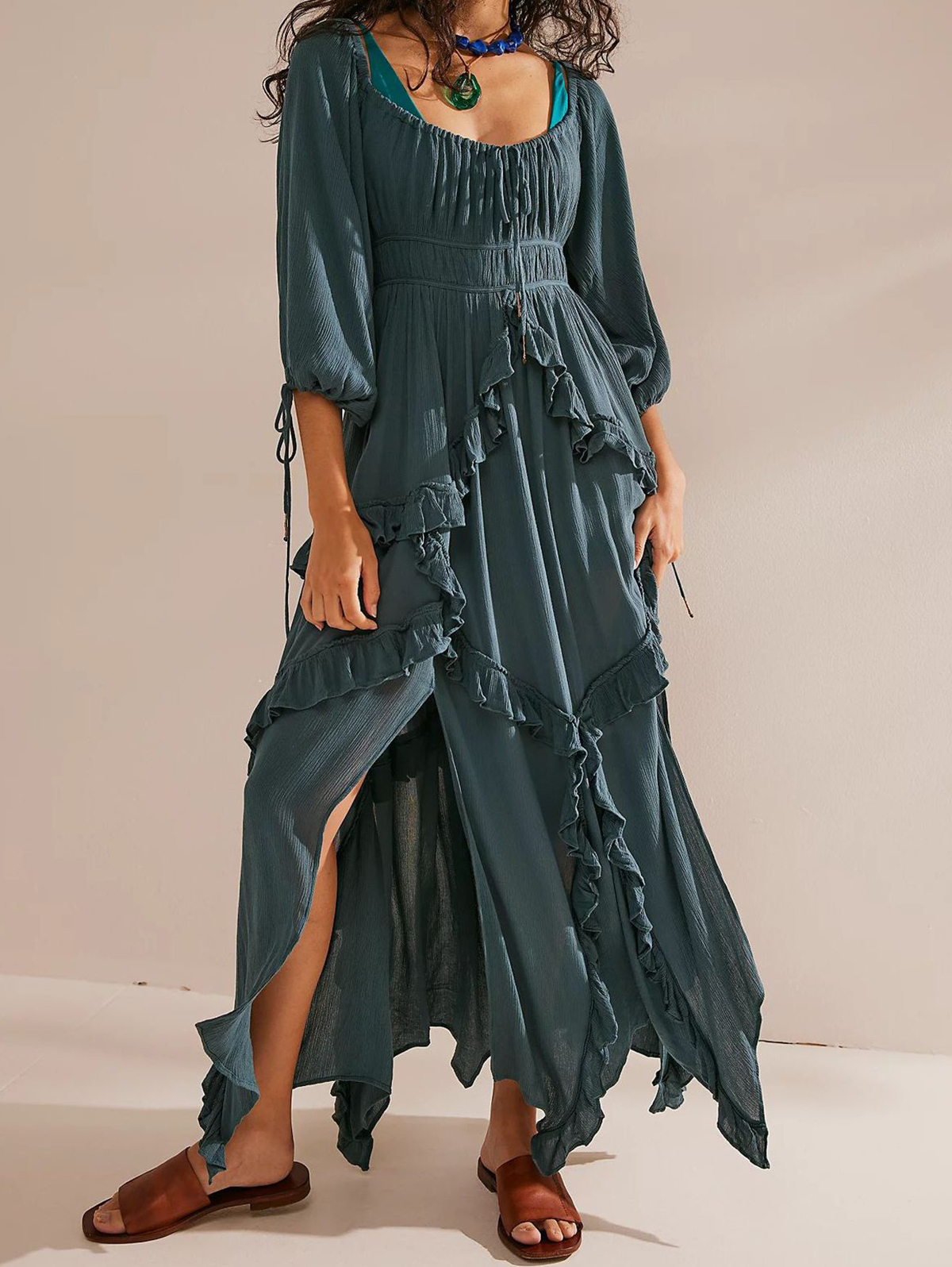 Casual U Neck Ruffled Lace-up Empire Waist Split Maxi Dress