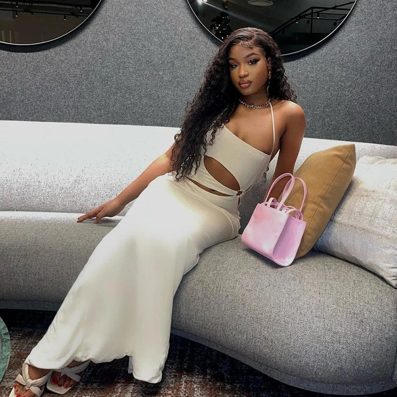 BIIKPIIK Sexy White Strapless Sleeveless Cut out Bodycon Dresses Women Fashion Elegant Club Party Midnight Prom Dress Streetwear