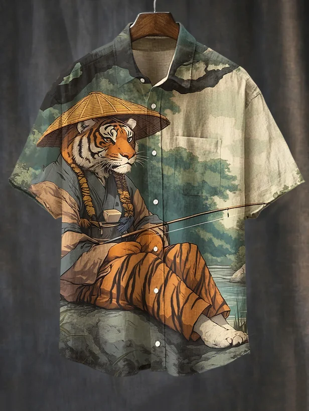 Men's Tiger Fisherman Fishing Art Print Casual Shirt
