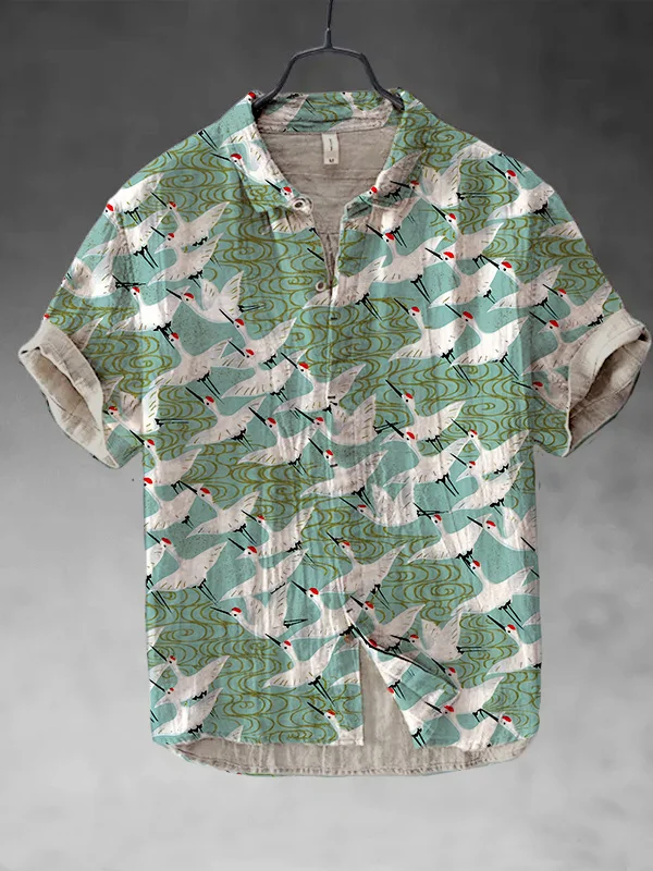 Men's Japanese Art Crane Print Short Sleeve Shirt