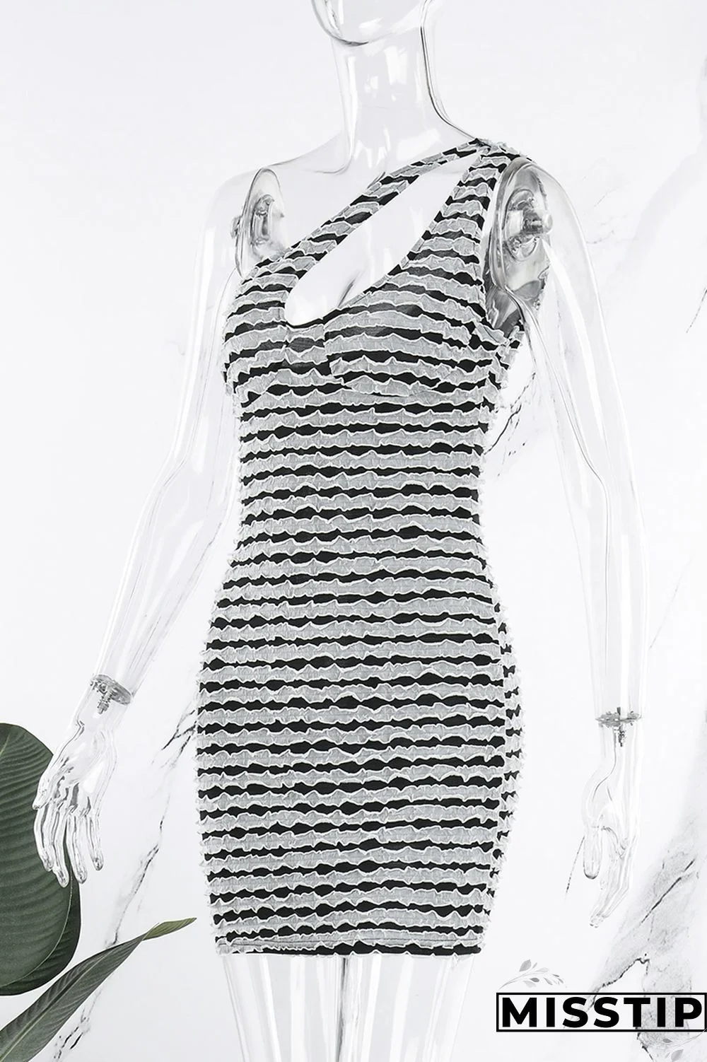 Earth Yellow Sexy Striped Patchwork Backless Oblique Collar Dresses