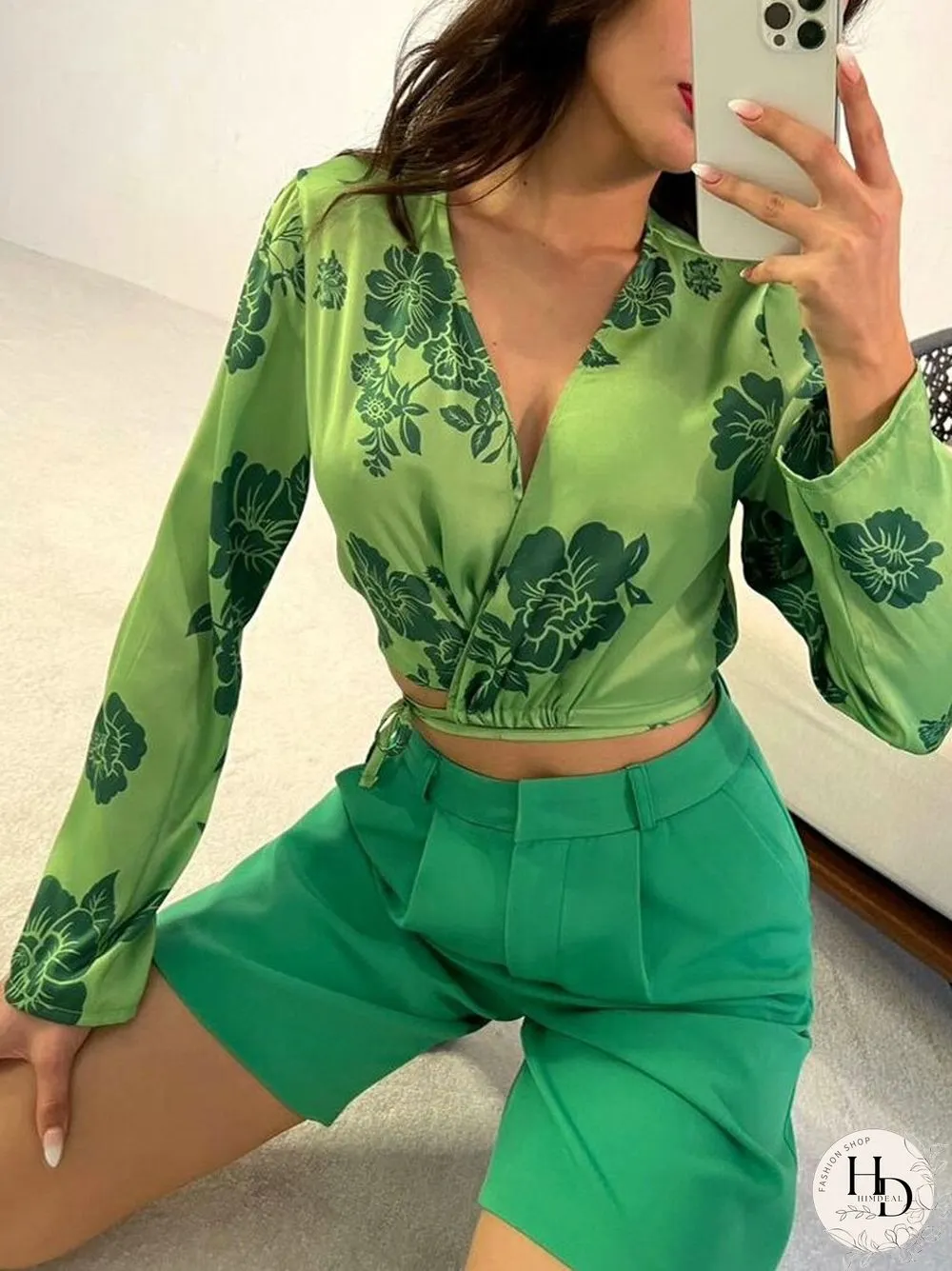 Womens summer autumn shorts outfits ladies cross neck long sleeve blouse tops solid