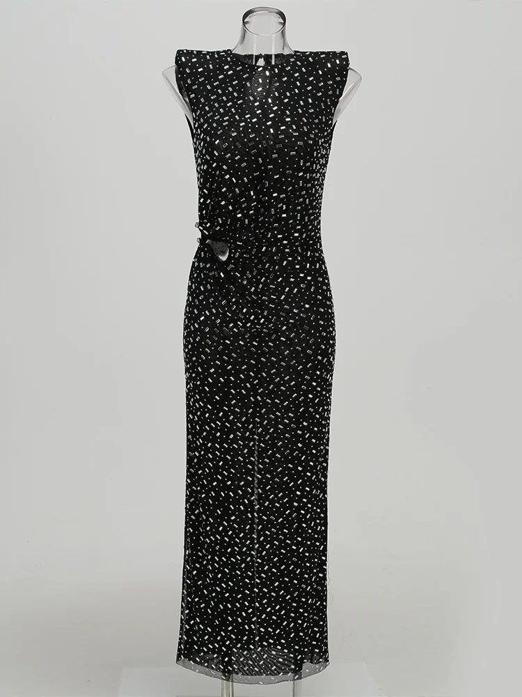 Brownm High-End Women's Hot Diamond Sexy Fork Perspective Sleeveless Dress Thin Ass Dress Dress