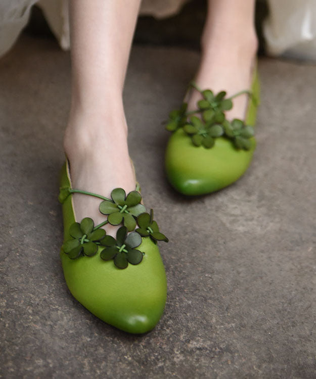 VCSHOES Floral Splicing Flat Shoes Pointed Toe Green Cowhide Leather