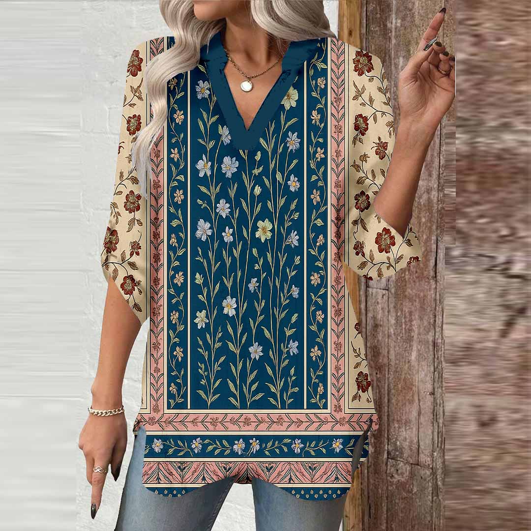 Women Bohemian,Beige,Blue,Floral DZGA0282 3/4 Sleeve V-neck Printed Graphic Button Tops
