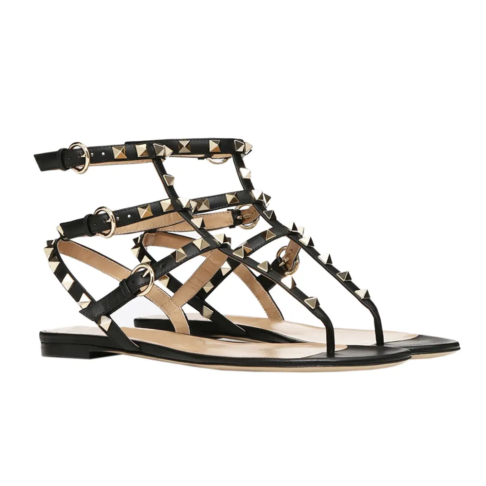 Women's Studded  T-Strap Strappy  Thong  Flats Sandals-vocosishoes