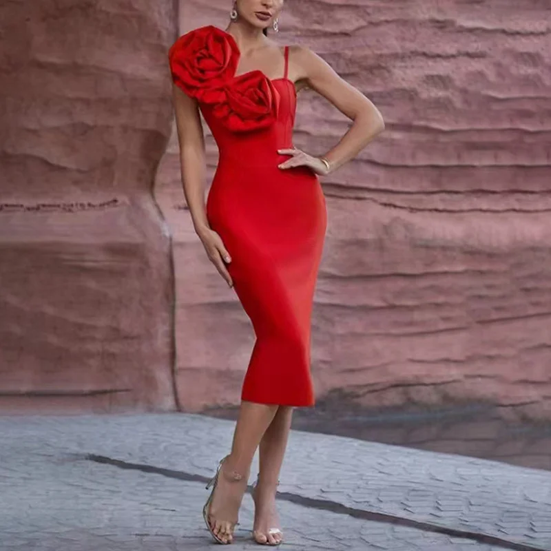 Zingj New Dress Woman 2025 New Sexy Sling Three-Dimensional Flower Temperament Banding Dress