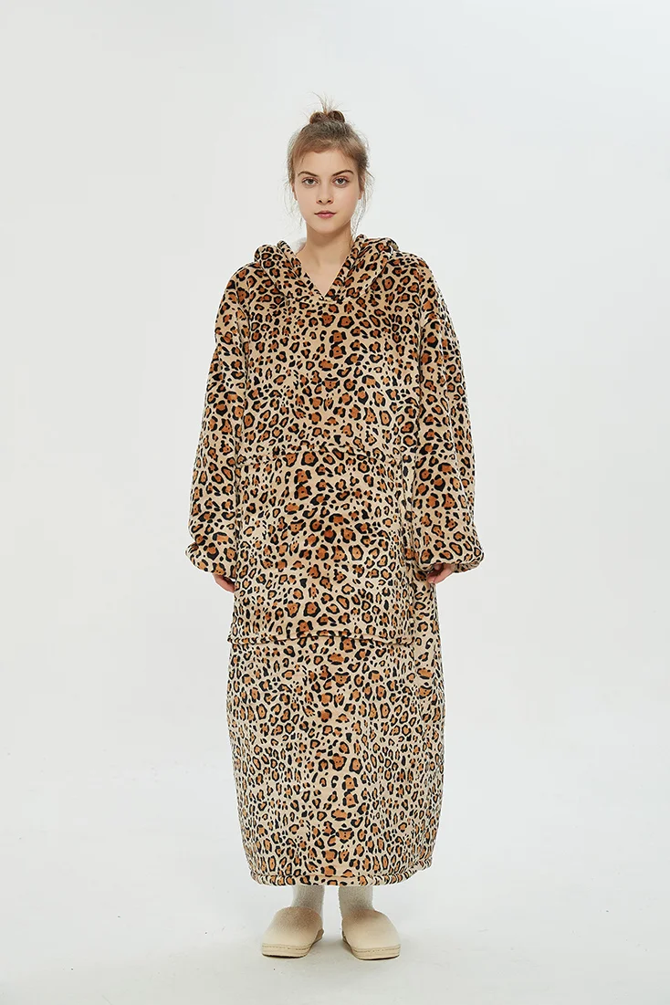 Long Winter Plush Fleece Wearable Blanket Hoodie Leopard Print  Stunahome.com