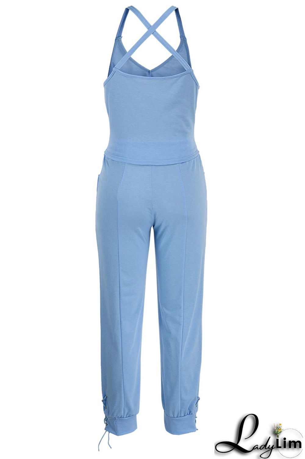 Dark Blue Casual Solid Split Joint Spaghetti Strap Sleeveless Two Pieces