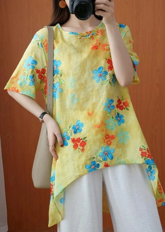 Style Yellow Crane Tops O-Neck Silhouette Summer Blouses