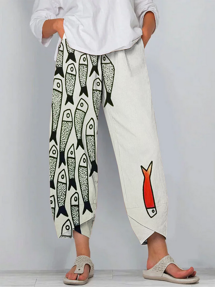 Fun Fish Art Cropped Casual Pants