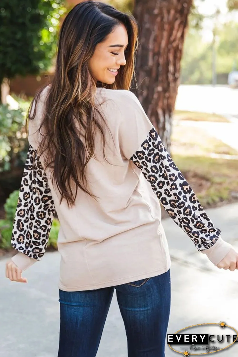 Apricot Crisscross V Neck Leopard Sleeve Blouse