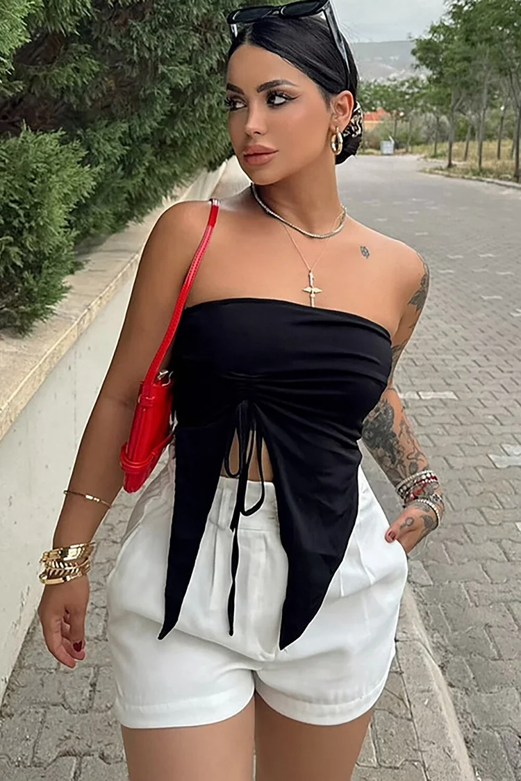 Boat Neck Leopard Print Strapless Drawstring Slit Irregular Top-Brown