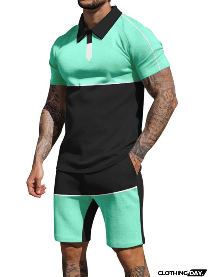 Contrasting Colors Patchwork Two Pieces Summer Sportswear Sets for Men