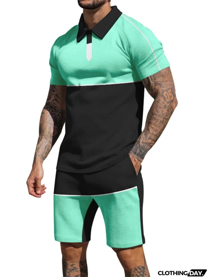 Contrasting Colors Patchwork Two Pieces Summer Sportswear Sets for Men