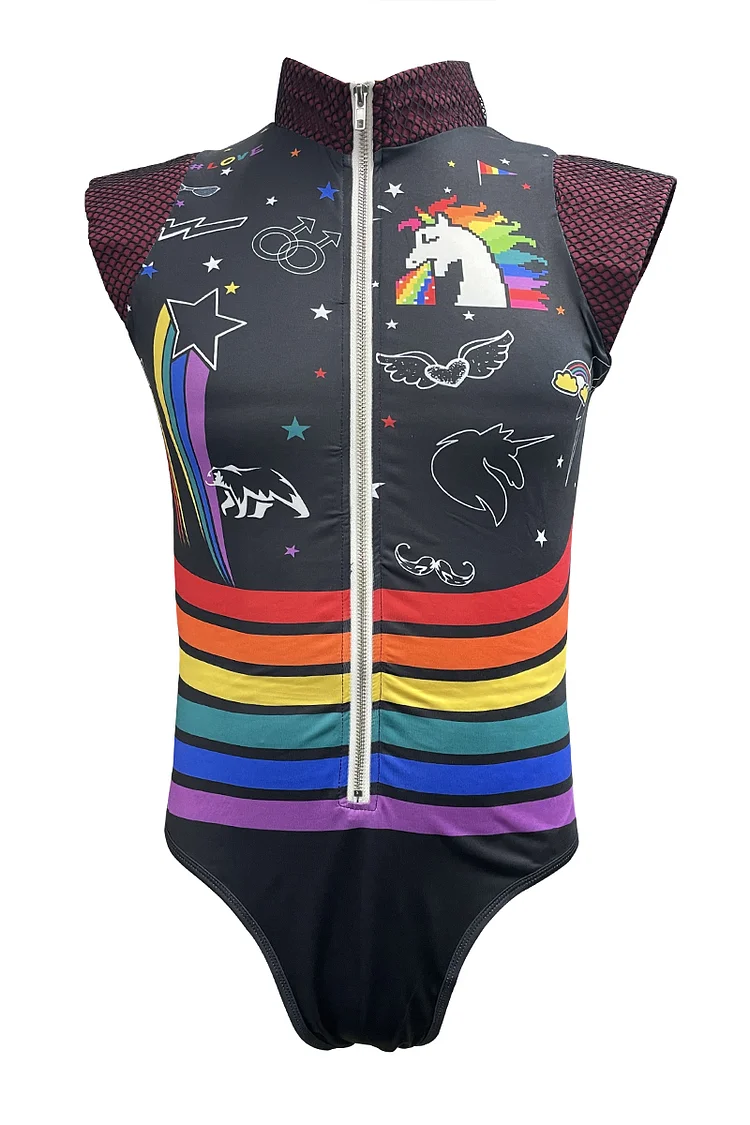 Ciciful Rainbow Graffiti Prints Zipper Black Bodysuit