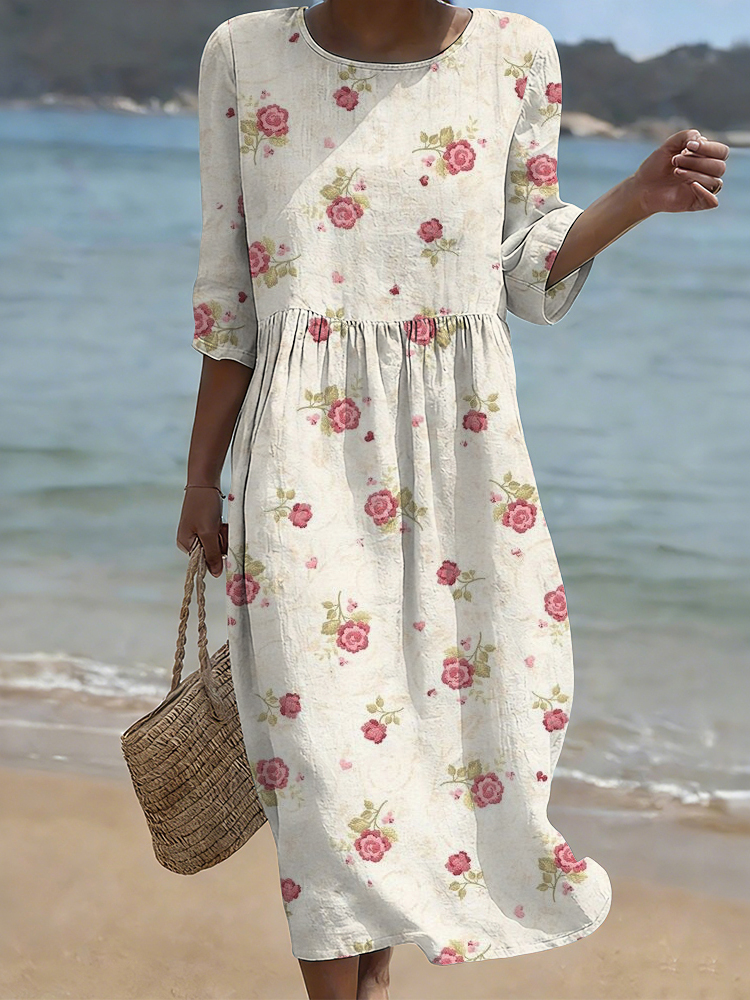 Vintage Roses Floral Pattern Cozy Linen Midi Dress wearshes