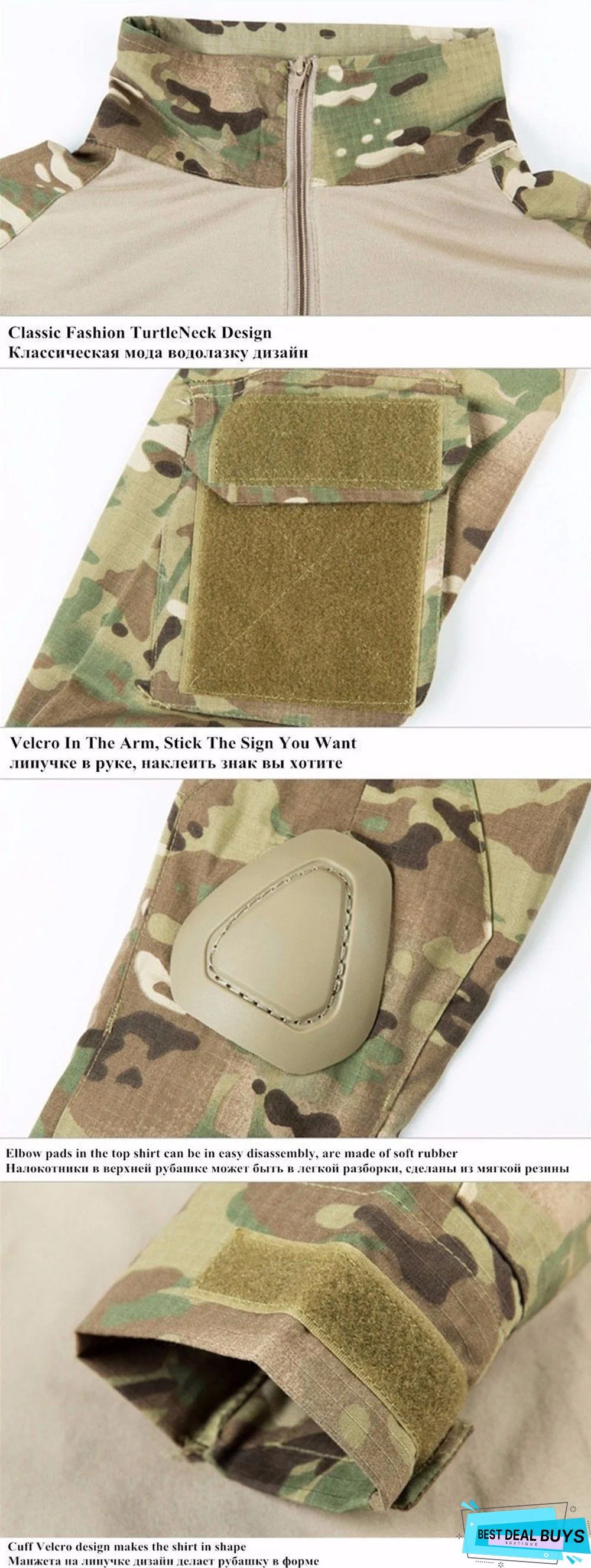 Camouflage Colors Army Combat Uniform Military Shirt Cargo Airsoft Paintball Tactical Cloth with Elbow Pads