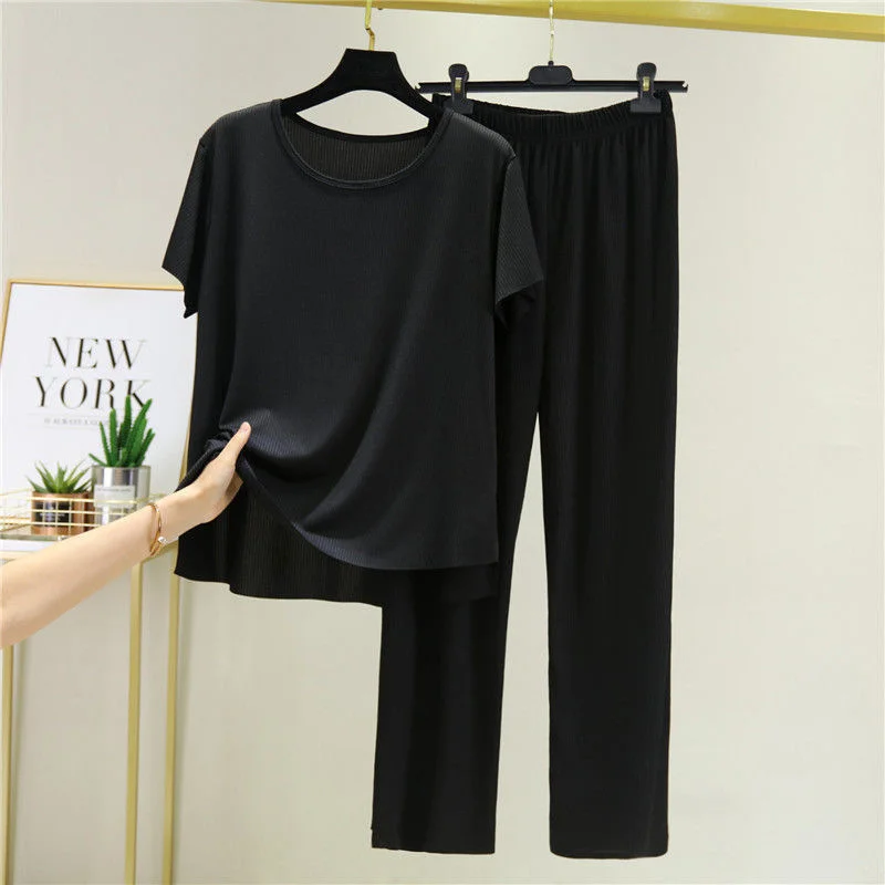 Ice Silk Pajamas Set Modal Wide-Leg Pants Short Sleeve Two-Piece Suit
